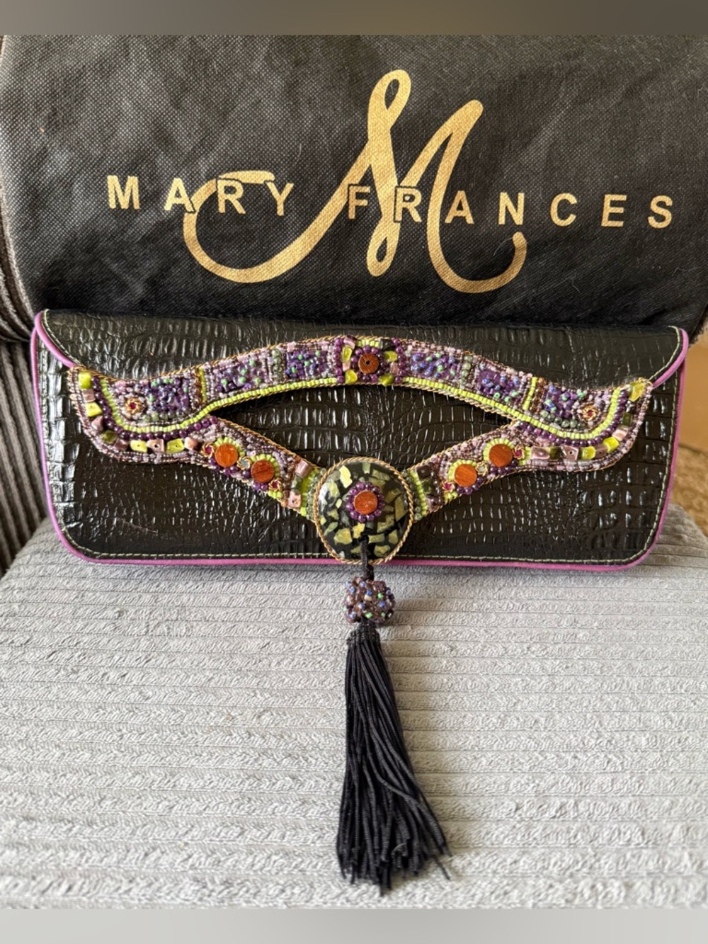 Mary Frances Black Faux-Croc Beaded Clutch with Purple and Lime Accents Shoulder